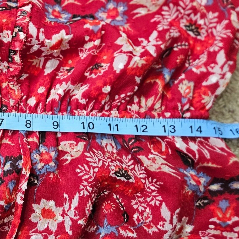 LOFT Red Floral Clip‎ Dot Tiered Midi Dress Long Sleeve Ruffle V-Neck Size M
